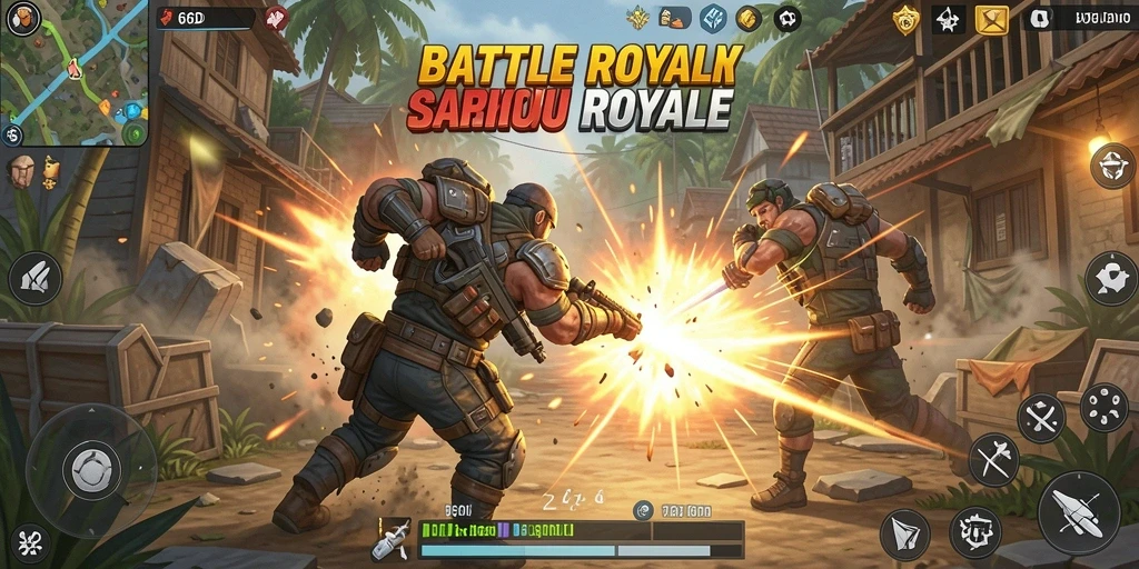 Tangkapan layar menunjukkan aksi seru dalam gameplay Battle Royale 66D.