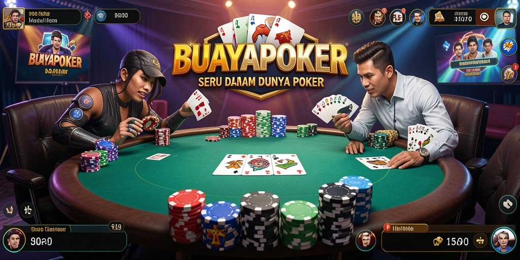 Tampilan gameplay BUAYAPOKER dengan pertarungan seru dan kartu poker.