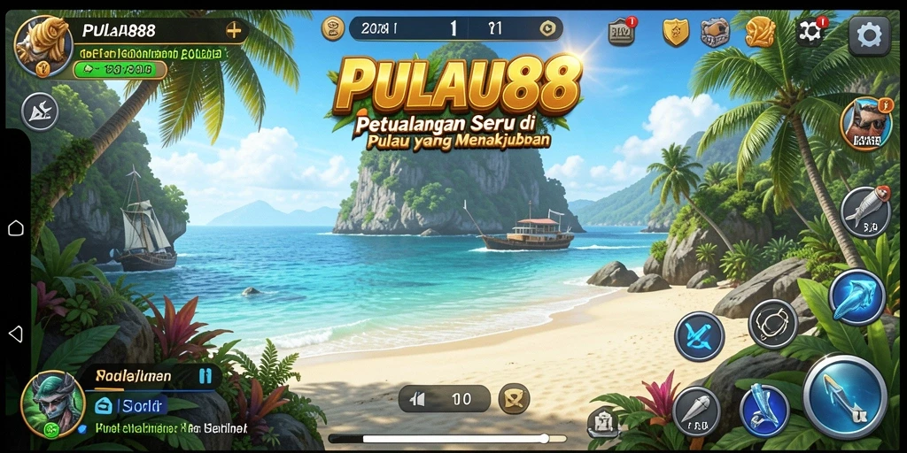 Tampilan gameplay yang memukau dari PULAU88 di pulau tropis.