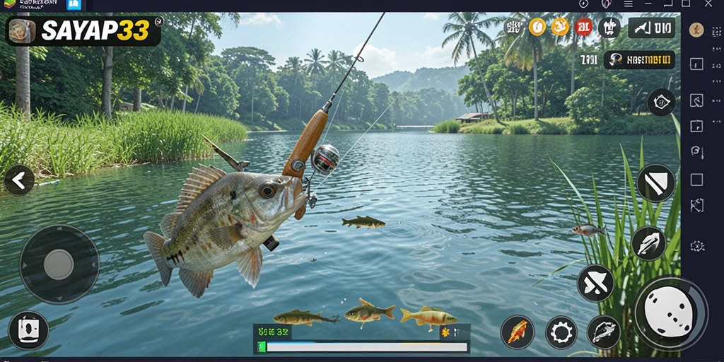 Screenshot utama menunjukkan momen mendebarkan saat menangkap ikan di SAYAP33.