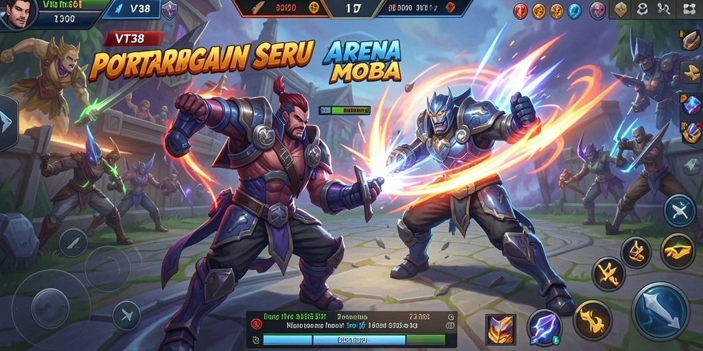 Screenshot utama VT38 menampilkan aksi seru di arena MOBA.
